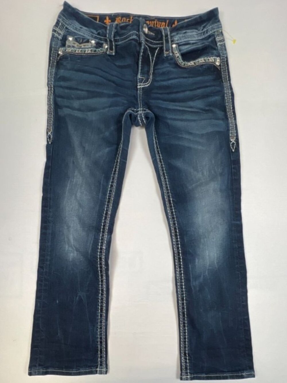 Rock Revival Women 27 Meri C2 Blue Denim Crop Jeans Embellished Rhinestone